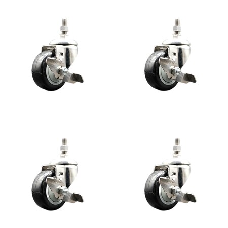 Service Caster 3.5 Inch 316SS Black Polyurethane Swivel 12mm Threaded Stem Caster Set Brake SS316TS20S3514-PPUB-BLK-TLB-M1215-4